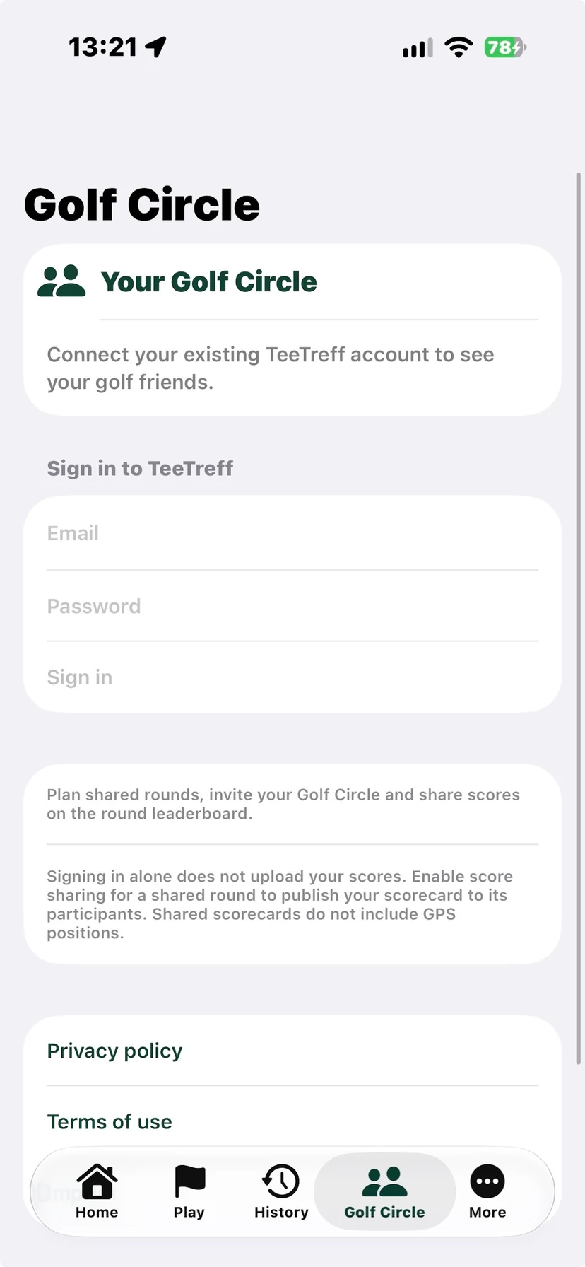 Golf Circle: Anmeldung mit dem bestehenden TeeTreff-Konto