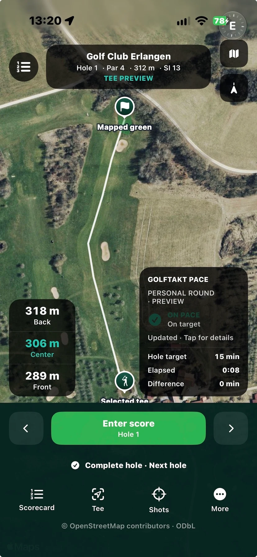 TeeTreff GPS am Golf Club Erlangen mit Grünentfernungen und GolfTakt-Spieltempo